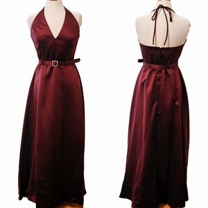 Jessica McClinton Satin Halter Plung Neck Belted Formal Wedding Guest Maxi Dress